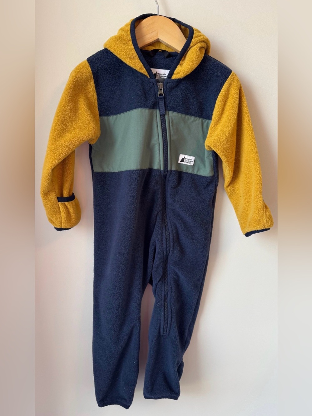 MEC Colorblock Hooded Fleece One-Piece in Navy, Mustard, and Olive 18M